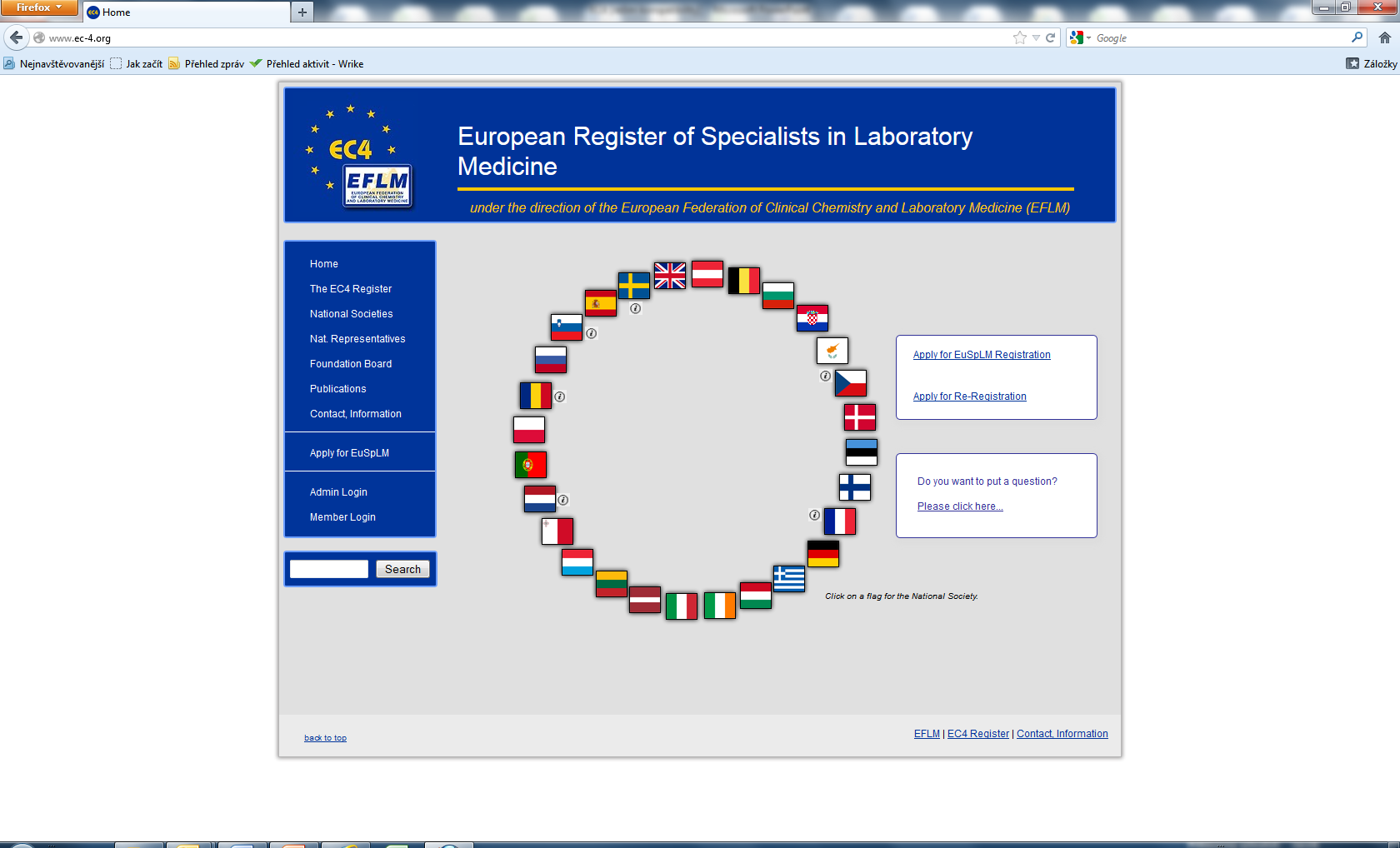Webové stránky pracovní skupiny Register, zajišťující uznávání kvalifikace Evropského specialisty v laboratorní medicíně (EuSpLM)